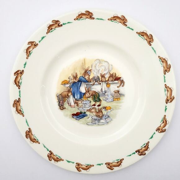Vtg Royal Doulton Bunnykins "Bunnies Taking a Bath" - Earthenware 8" Plate RARE - Picture 1 of 10